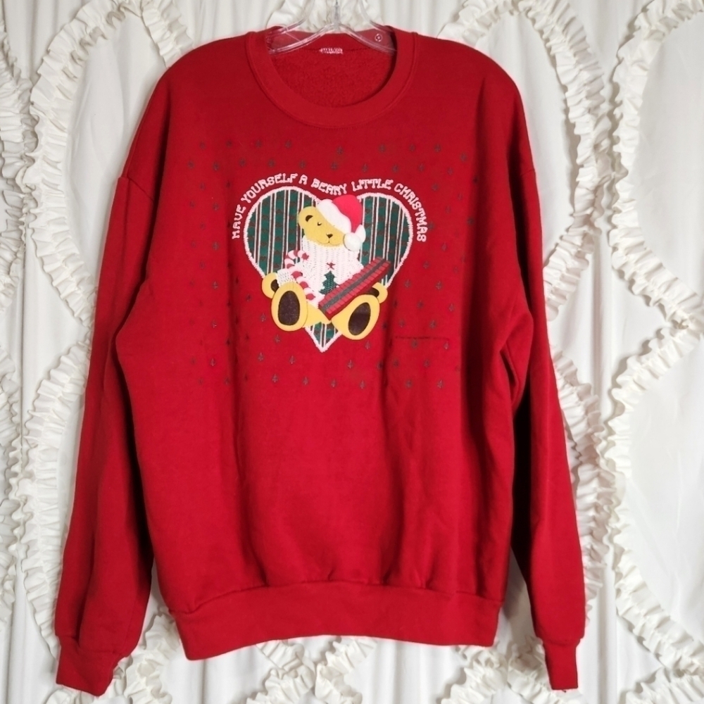 Vintage Red Christmas Teddy Bear Santa Holiday Beary Little Sweater sz M